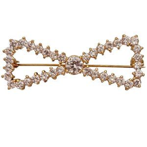 Sterling Silver Gold Vermeil Clear Crystal Rhinestone Bow Brooch Pin E244